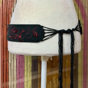 90s Olga Santini Suede Embroidered Boho Tassel Tie Belt